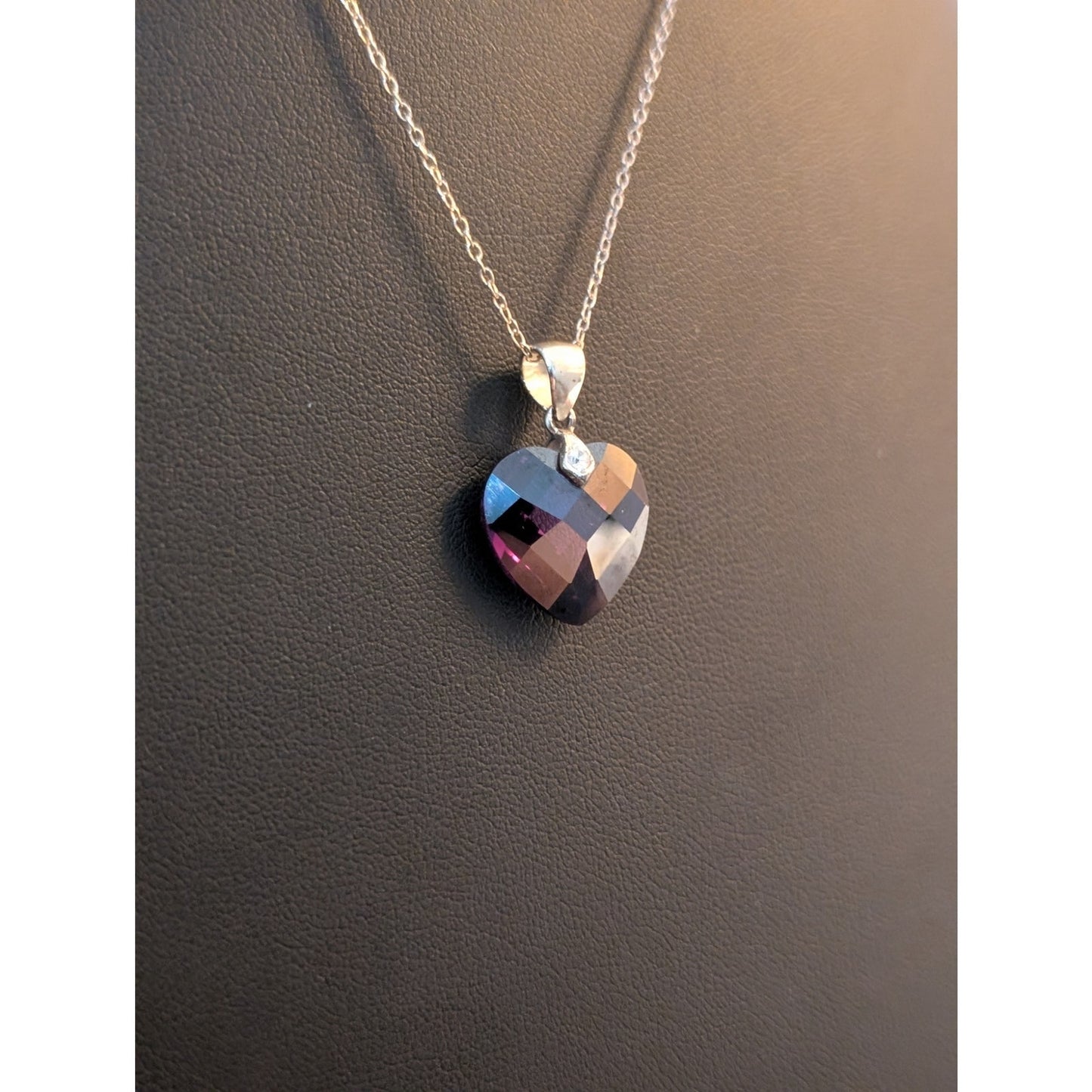 Vintage Faceted Purple Heart Crystal 925 Sterling HAN Pendant 18" Necklace