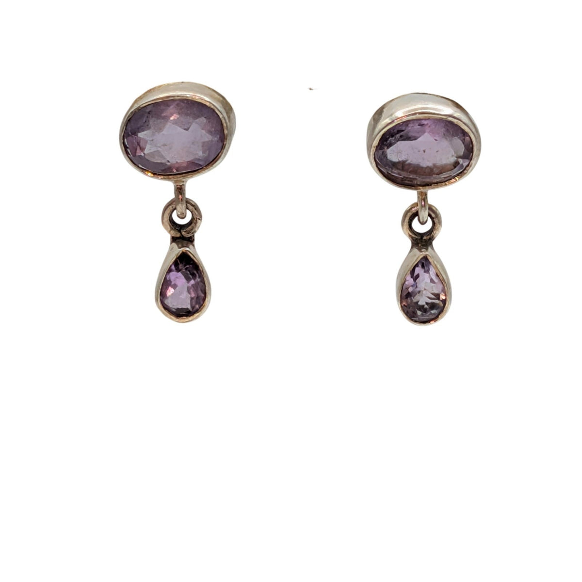 Vintage Marked 925 Sterling Bezel Set Amethyst Dangle Drop Pierced Earrings