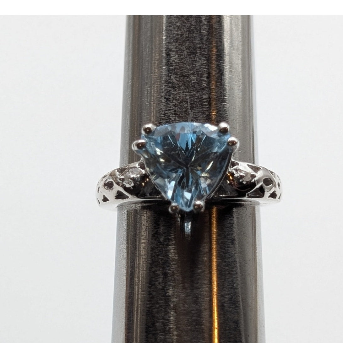 925 Sterling Silver Trillion Cut Blue Topaz & Diamond Ring Size 6.5