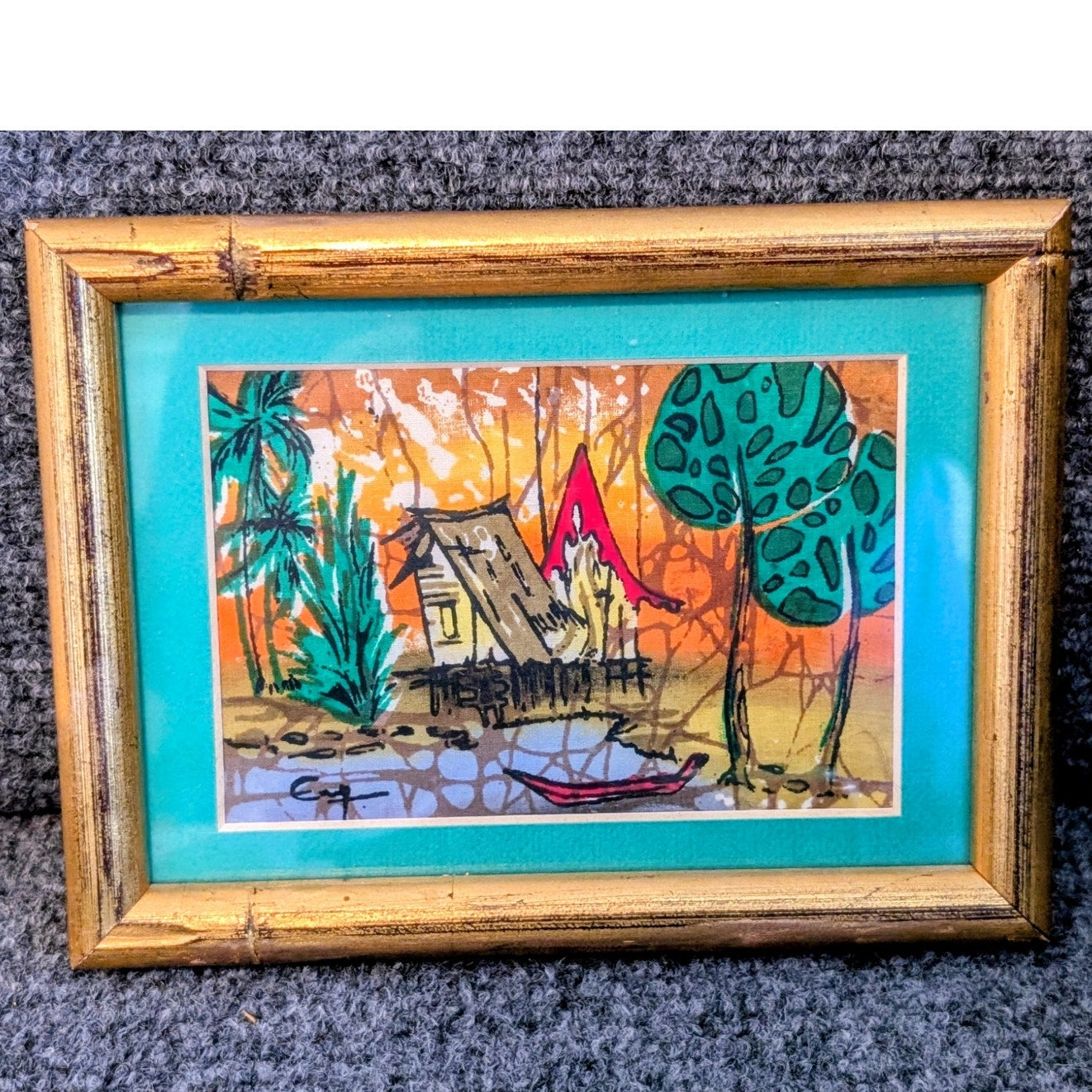 Vintage Signed Malaysian Village Batik Gilt Wood Framed Small Art Under Glass