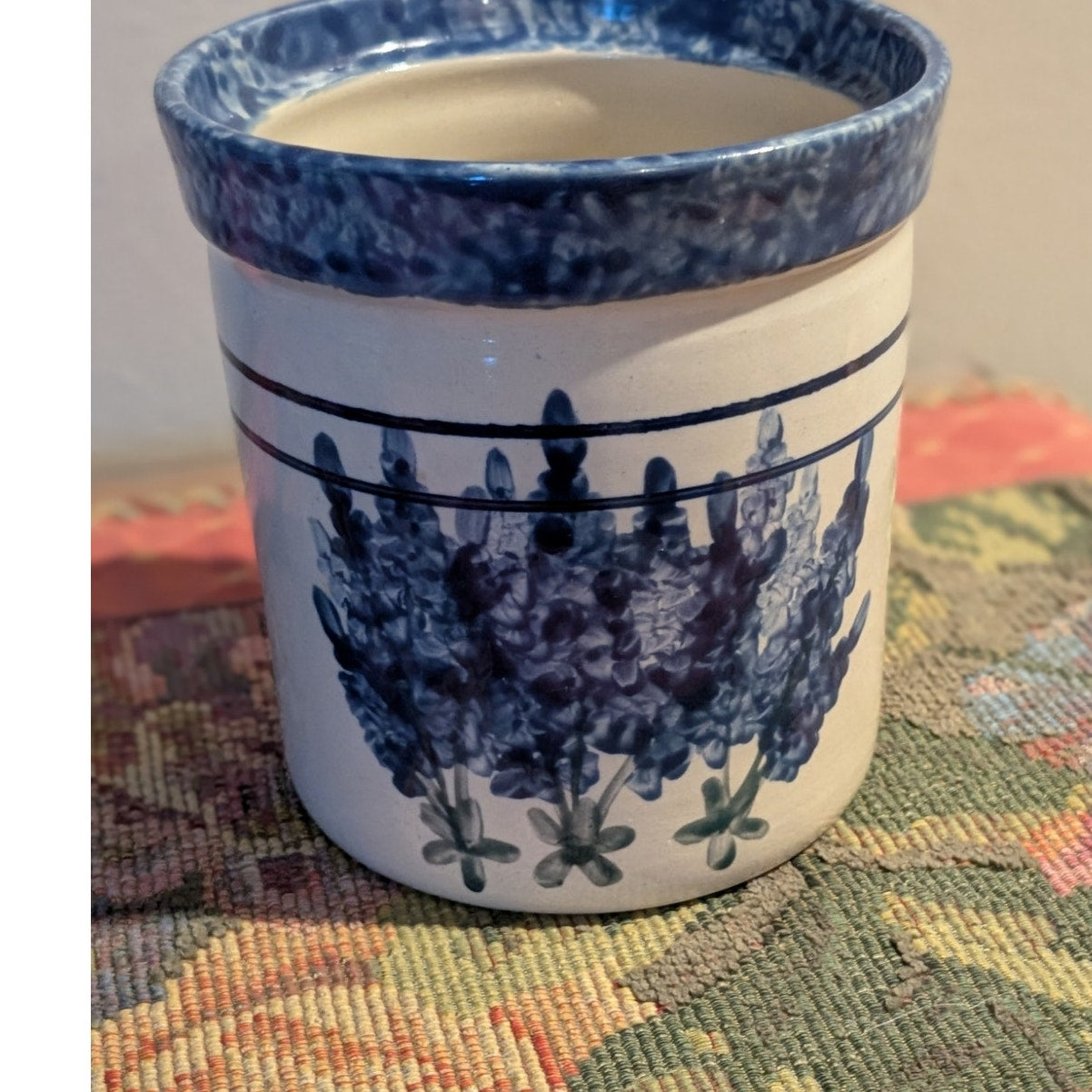 Heavy Blue Green Unsigned Spongeware Pottery Crock