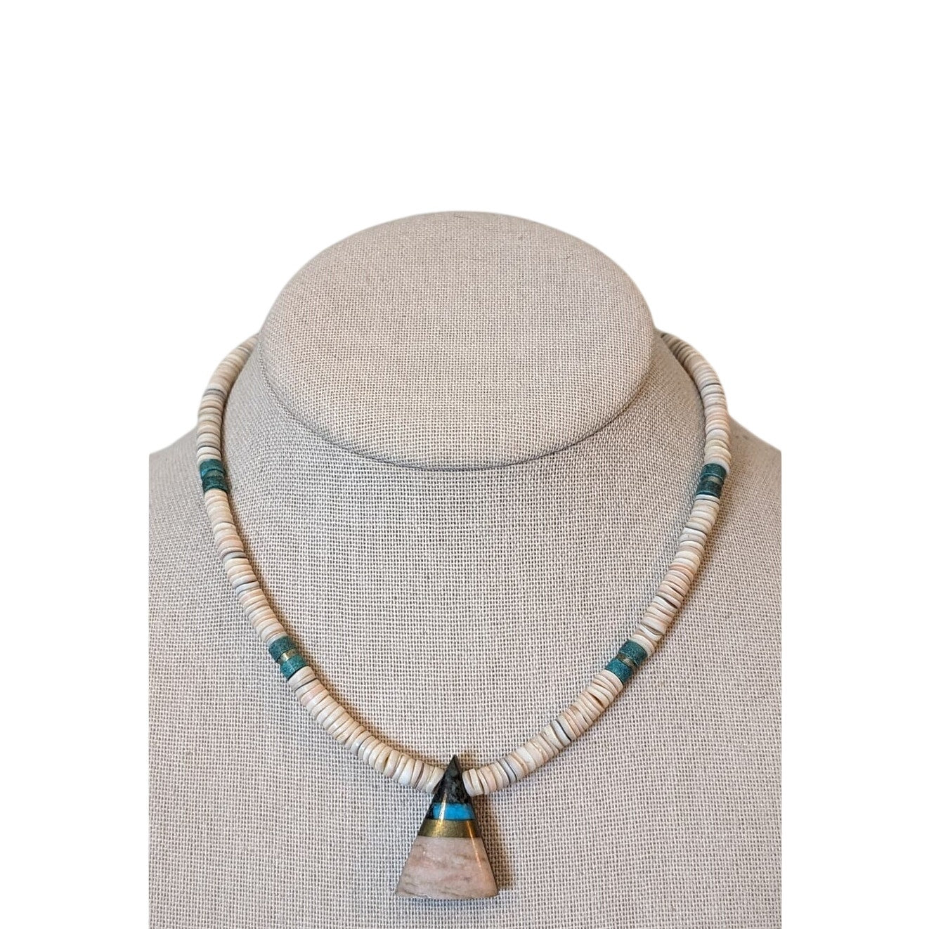 Vintage Native American Heishi Hook Closure Necklace W/ Triangular Inlay Pendant