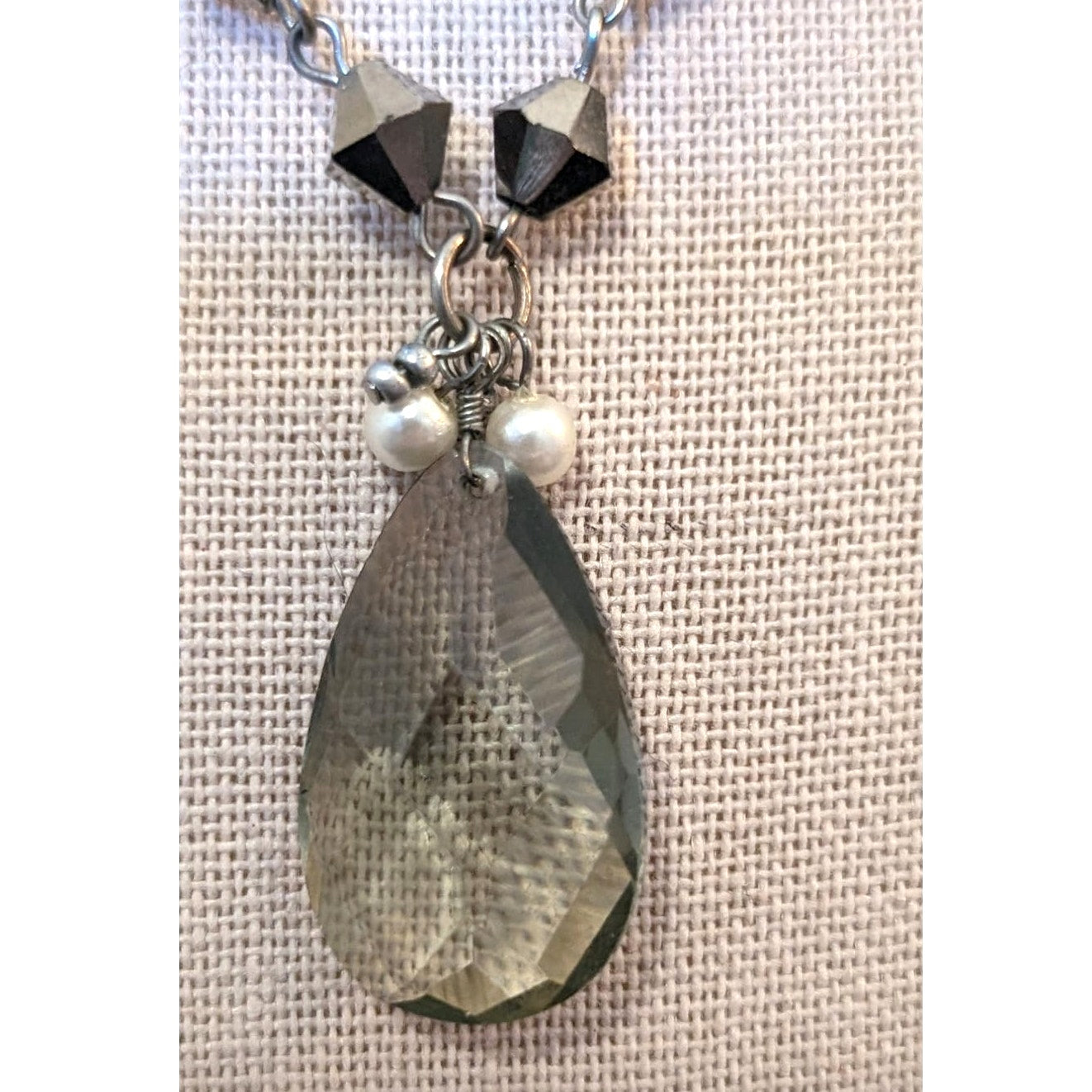 Double Strand Crystal Glass Beaded Faux Pearl Chain Necklace W/ Teardrop Pendant