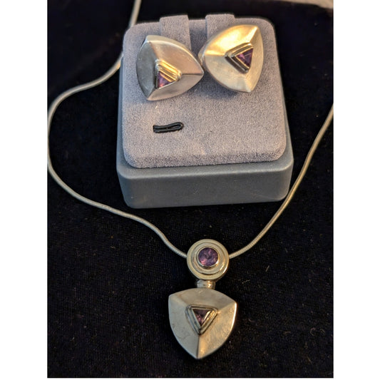 Vintage Chunky 925 Sterling Silver Amethyst Stud Earrings & Pendant Necklace Set