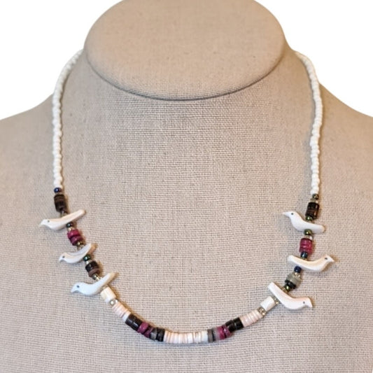 Vintage Carved Bird Fetish Heishi Beaded 18" Necklace W/ Barrel Clasp