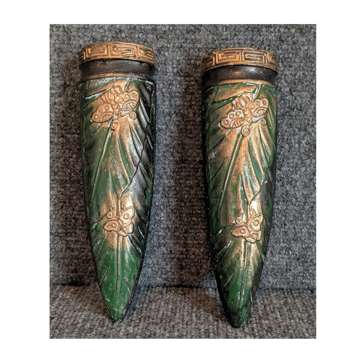 Vintage to Antique Tokanabe Pair Green Black Gilt Japanese Wall Pocket Vases