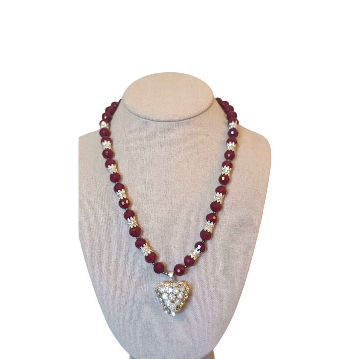 Deep Cranberry Red Cut Faceted Glass Bead and Rhinestone Heart Pendant Necklace