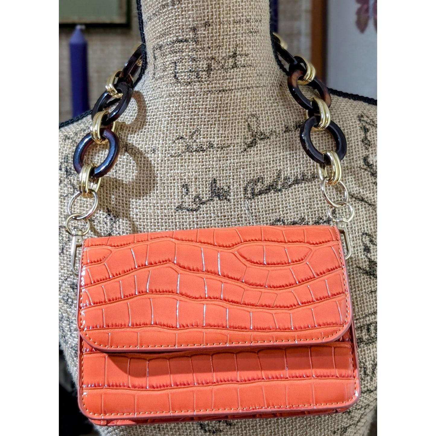 ASOS Pumpkin Faux Croc Tortoise Ring Chain Link Strap Shoulder Bag