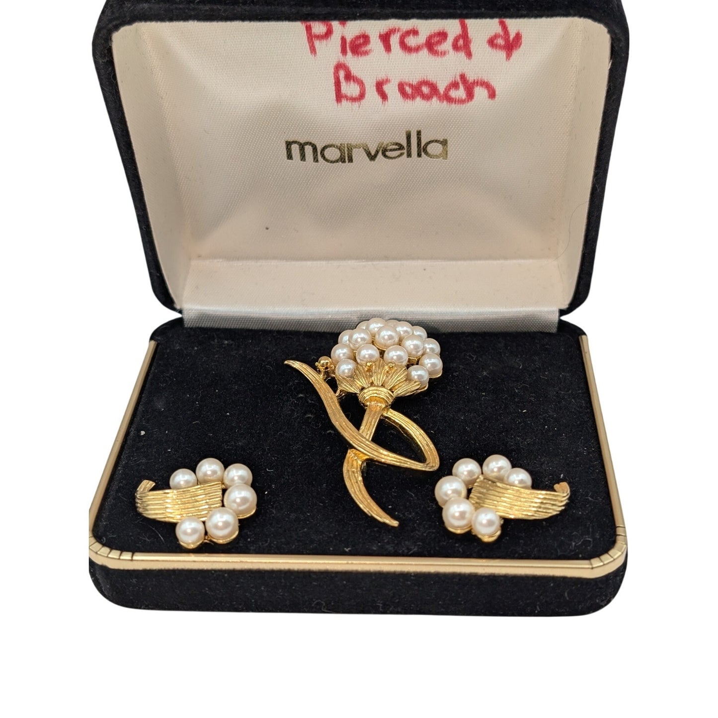 Vintage Unmarked Gold Tone Faux Pearl Brooch and Matching Pierced Earrings