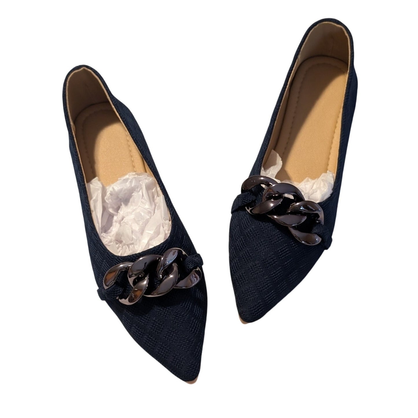 Unbranded Navy Fabric Pointed Toe Gunmetal Chain Smoking Flat Size 39 (EU)