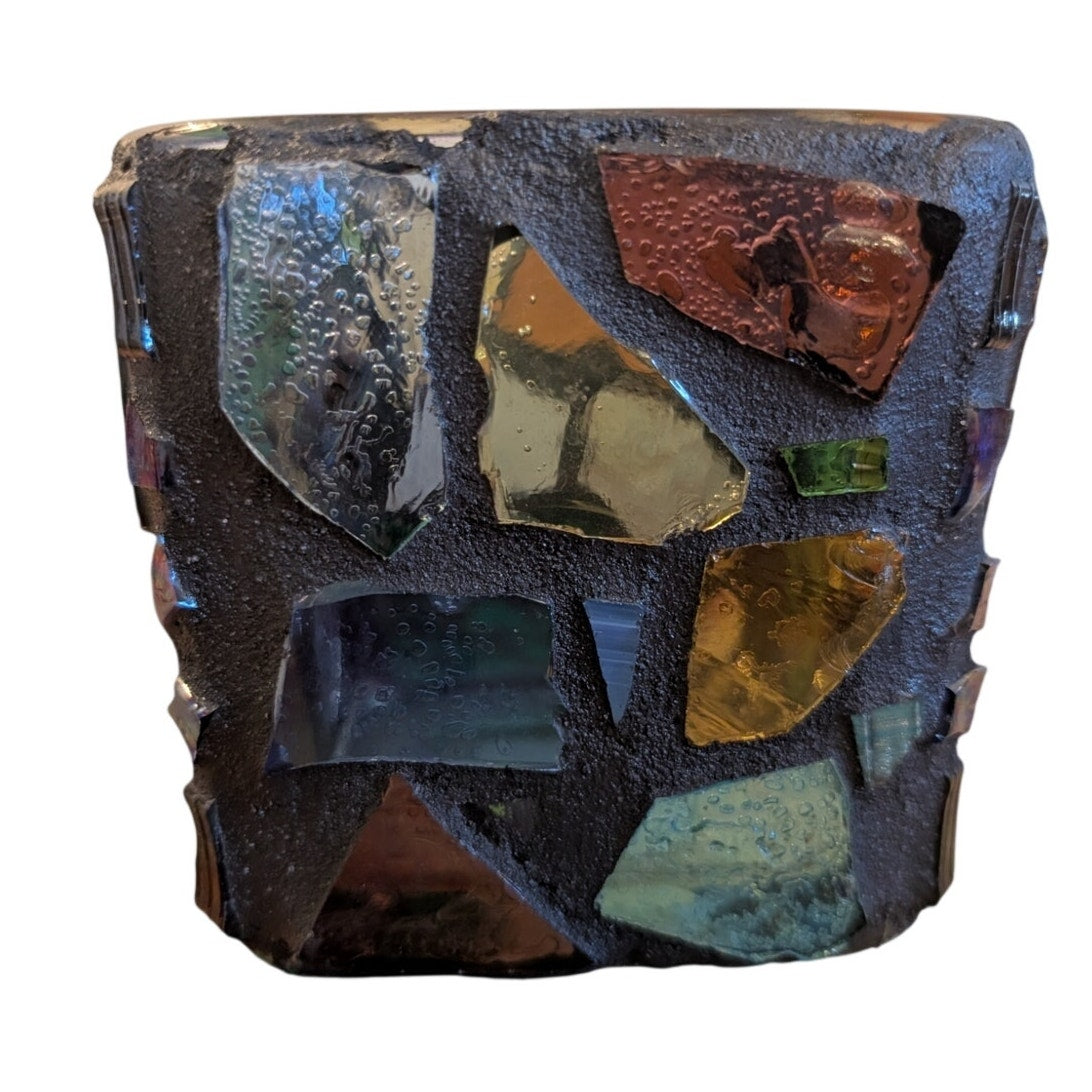 Vintage Mid-Century Brutalist Made in Mexico Stained Glass Mosaic Candle Holder