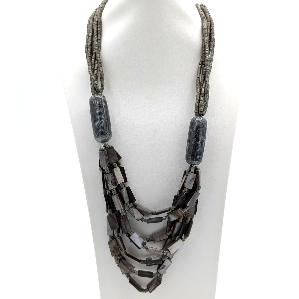 Gray Multi Strand Glass Shell & Acrylic Bead 24" Statement Necklace