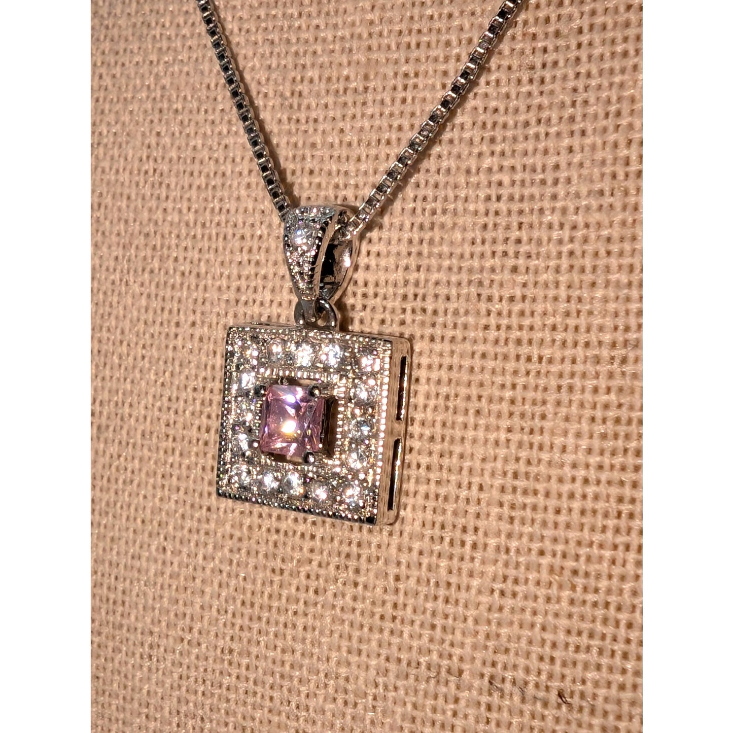 925 Sterling Silver Pink Square Crystal CZ Surround Square Pendant 18" Necklace