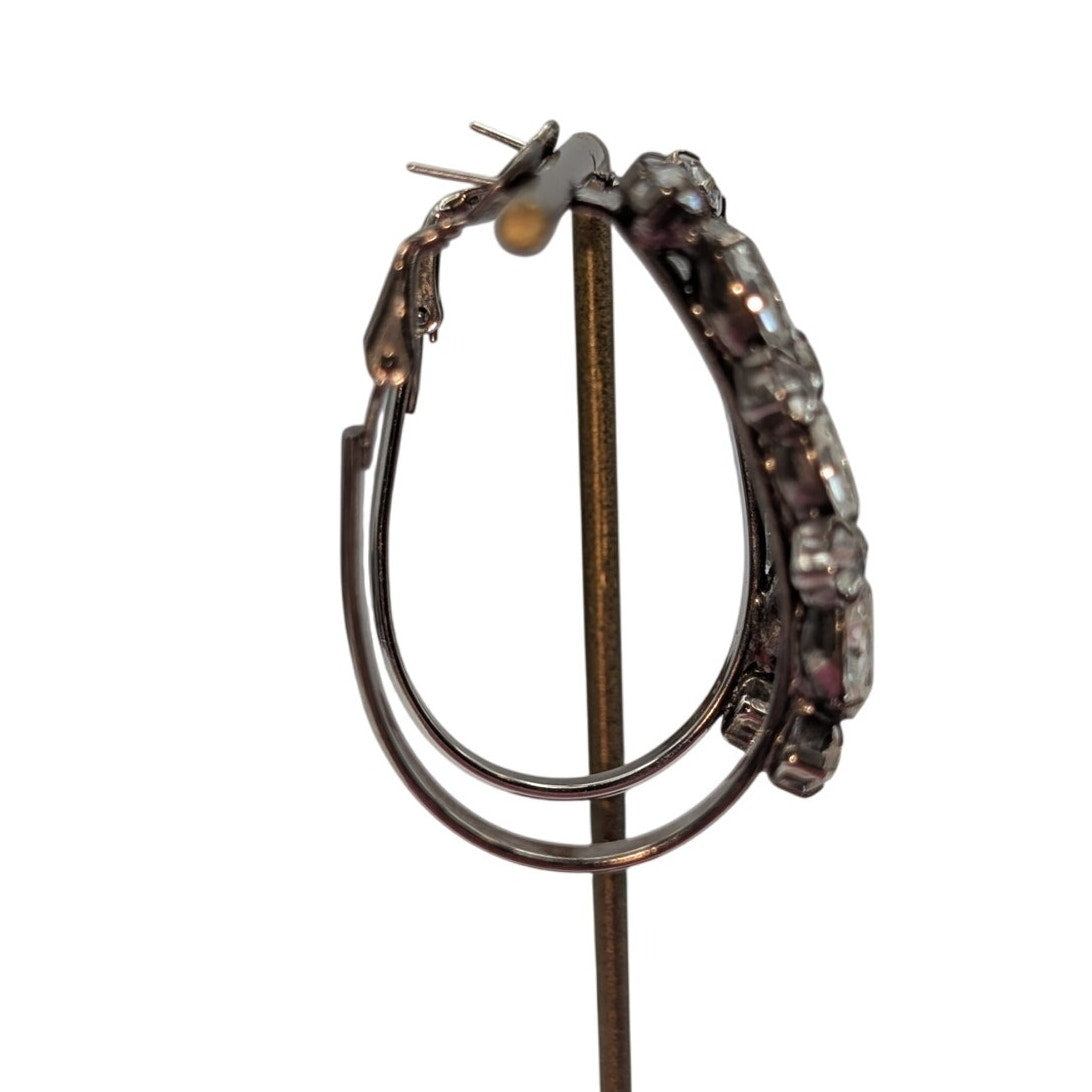 Silver Tone Front Long Prong Set Rhinestone Oblong Hoop Earrings