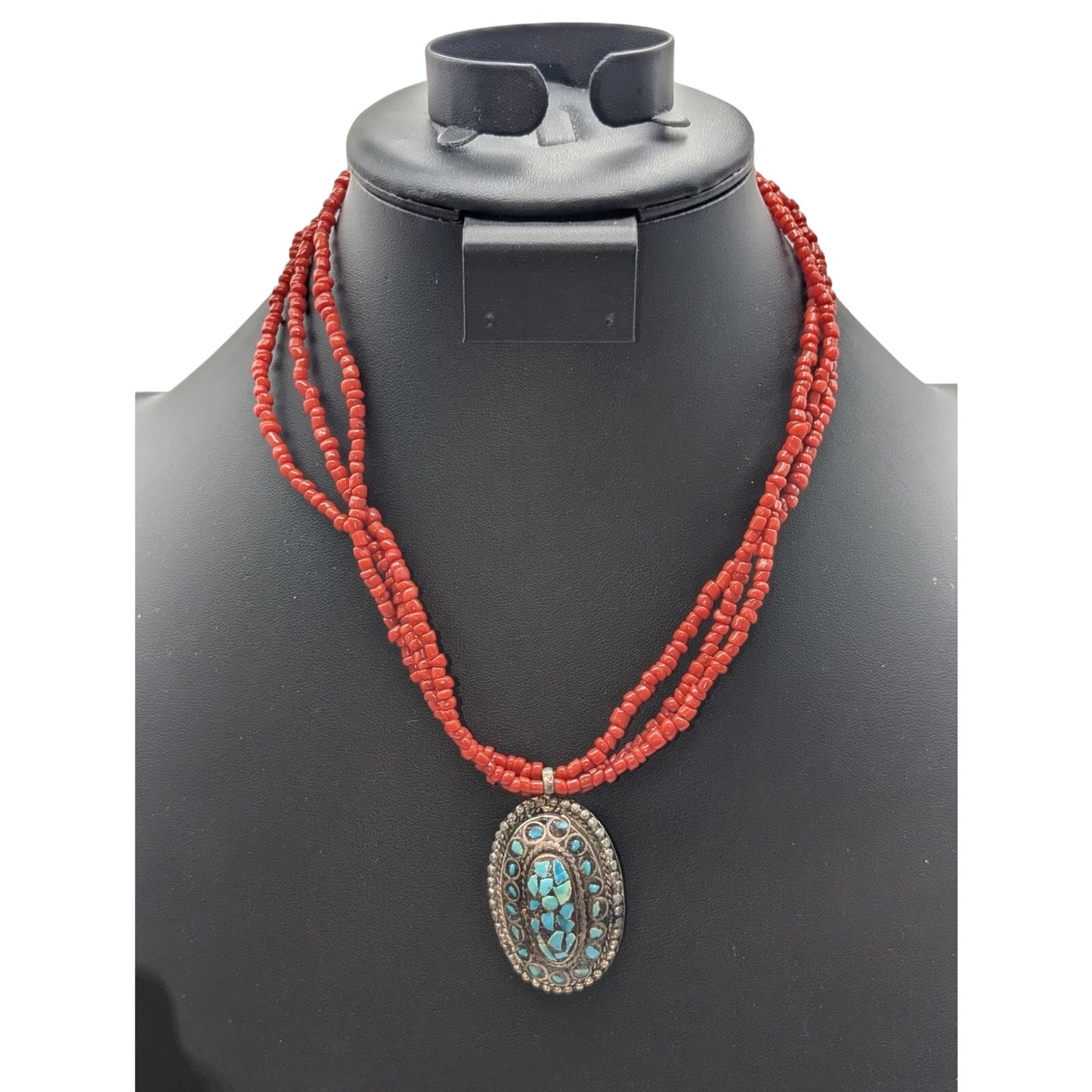 Vintage Red Glass Bead Signed ae Turquoise Chip Silver Tone Pendant Necklace