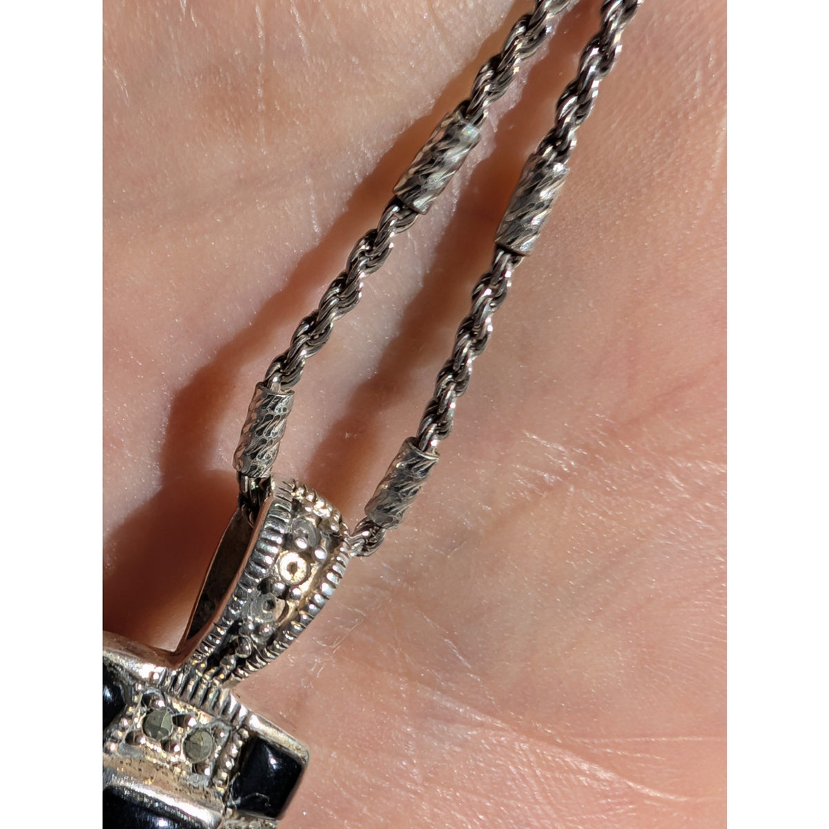 Vtg 925 Sterling Checkerboard Black Onyx Marcasite Pendant Bar Chain Necklace