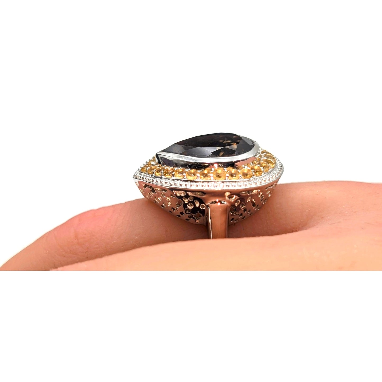 925 Sterling Brown Topaz Teardrop Center Stone Citrine Stone Surround Ring Sz 7
