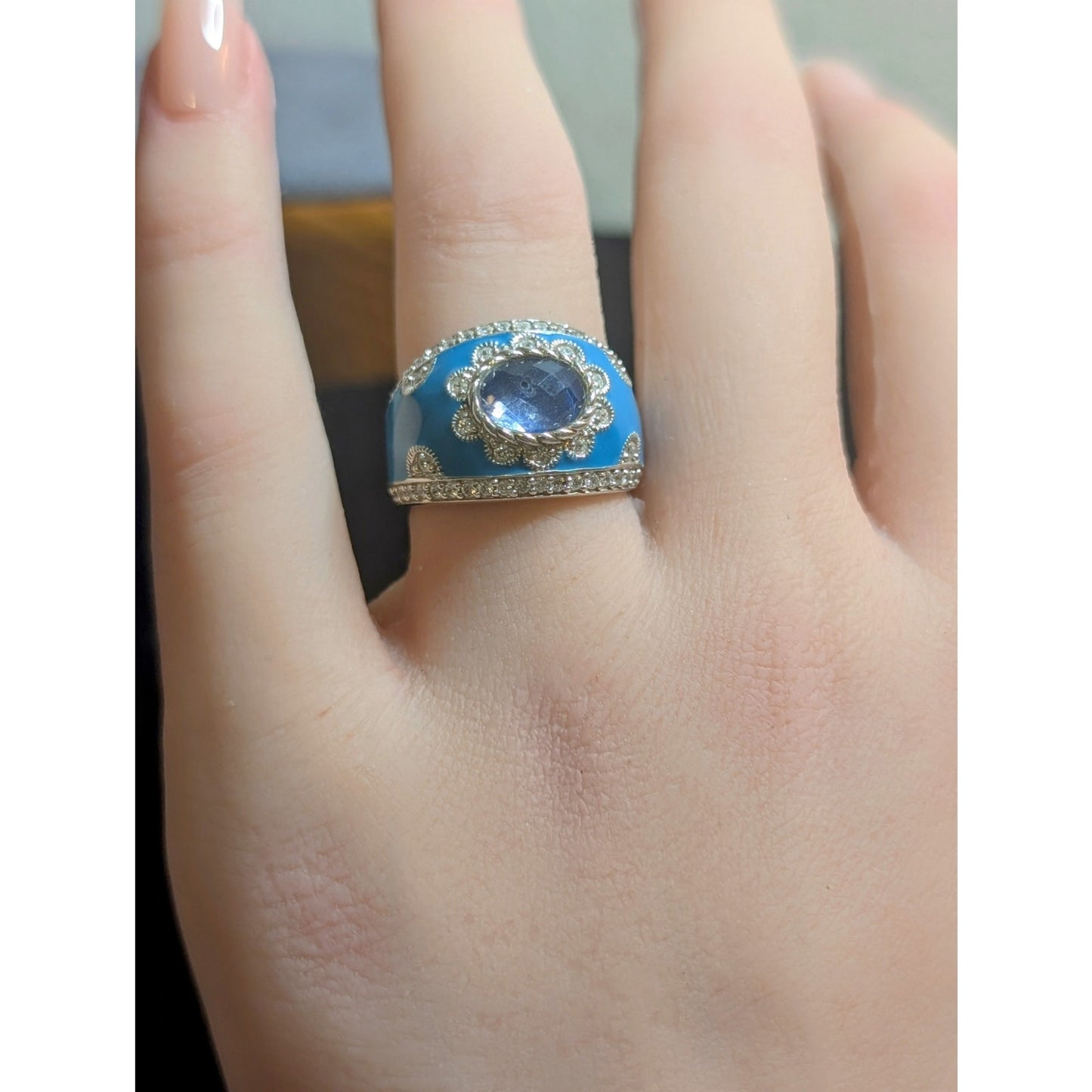 Judith Ripka Aqua Enamel Blue Spinel CZ 925 Sterling Cigar Band Ring Sz 5.75