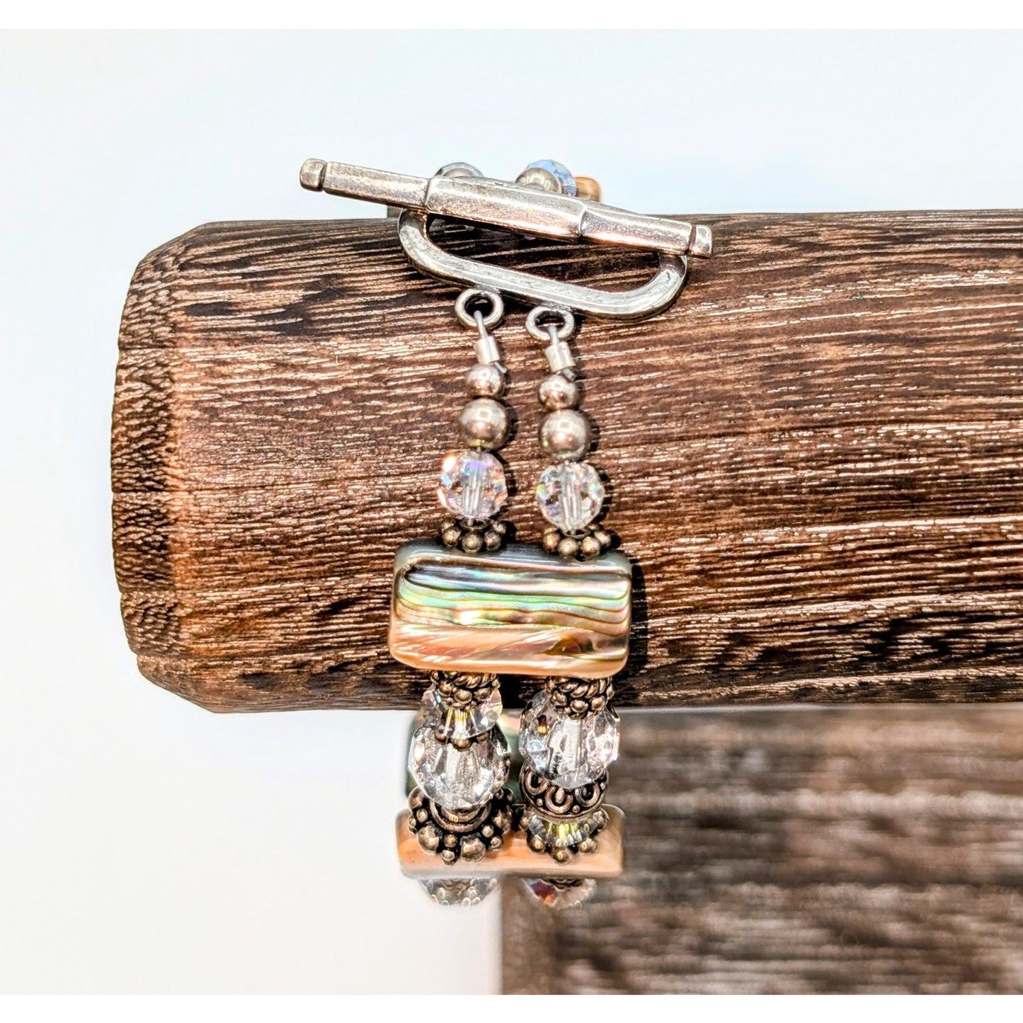 Signed Abalone Shell Chunks AB Crystal Sterling Beaded Toggle Clasp Bracelet