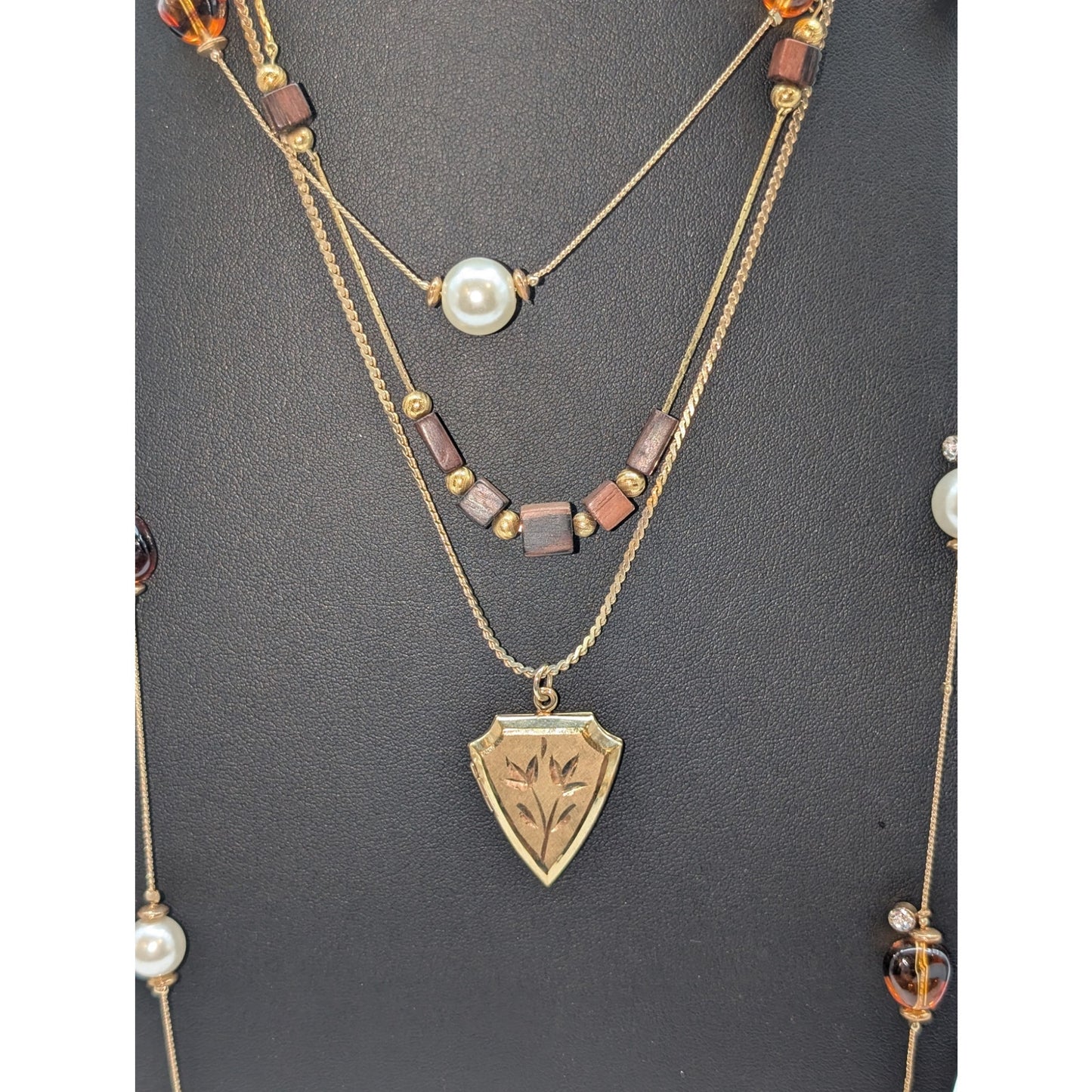 Lot of Three Vintage Gold Tone Beaded Locket Chain Layered Necklaces