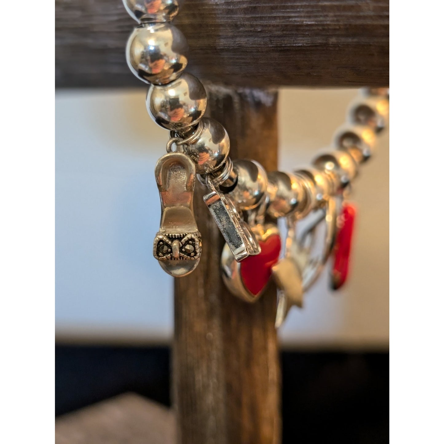 925 Sterling Ball Charm Silver Tone Cuff Bracelet W/ 11 Sliding Balls & 6 Charms