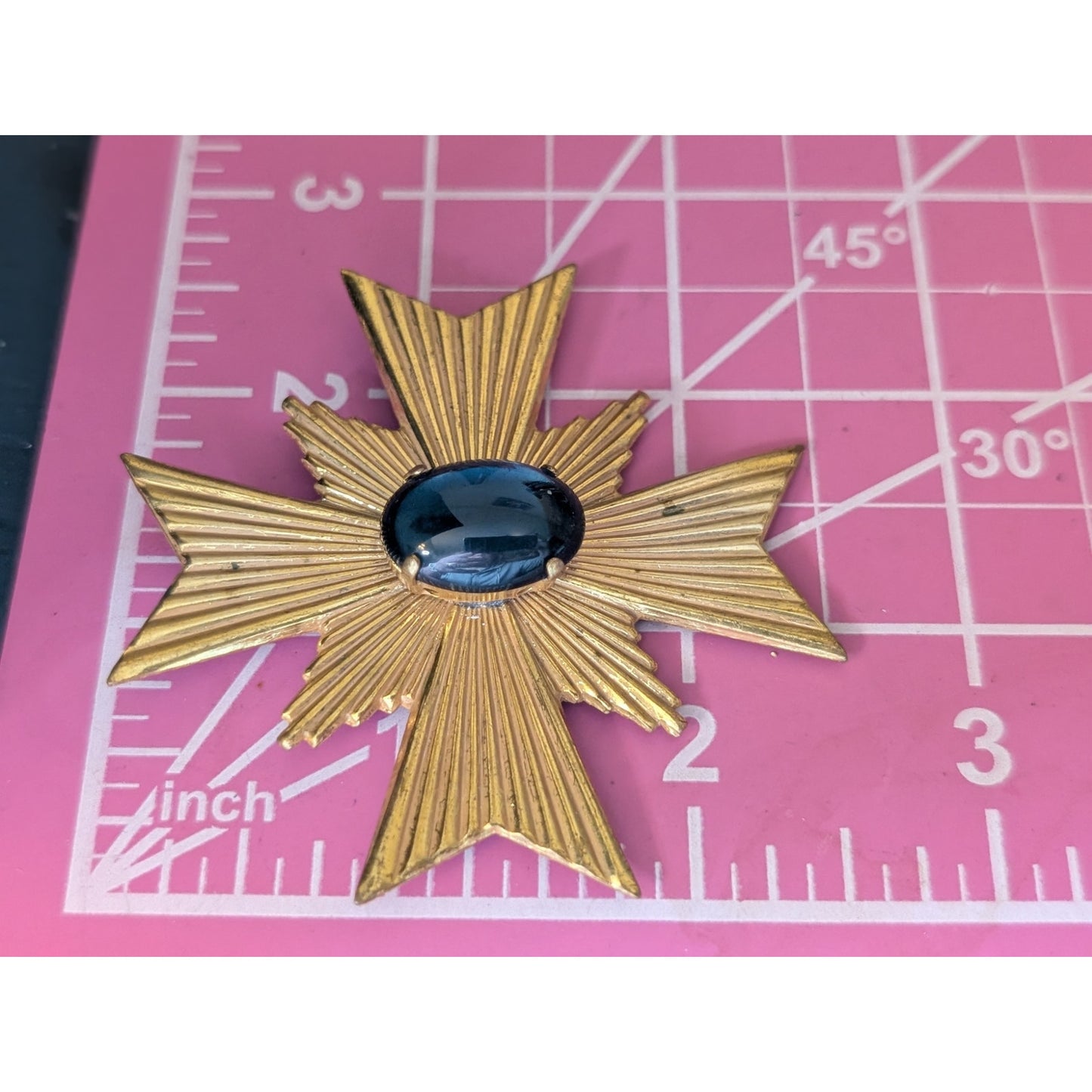 Rare Signed Vintage Miriam Haskell Gold Tone Blue Cabochon Maltese Cross Brooch