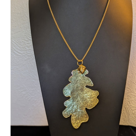 Gold Tone Genuine Leaf Pendant W/ Acorn Charm on Sturdy 22" Gold Tone Chain