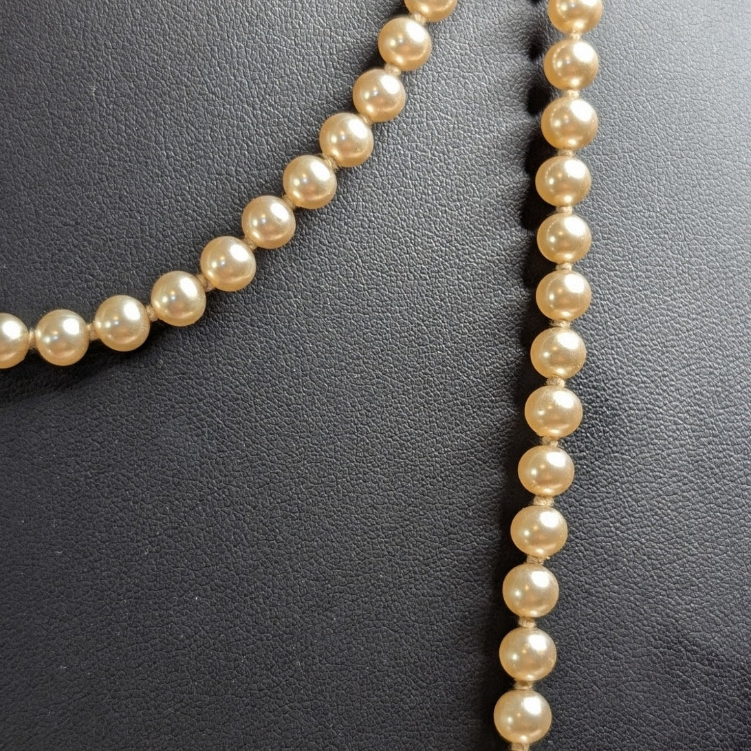Vintage Faux Champagne Hand-Knotted 6mm Glass Pearl 32" Long Strand Necklace