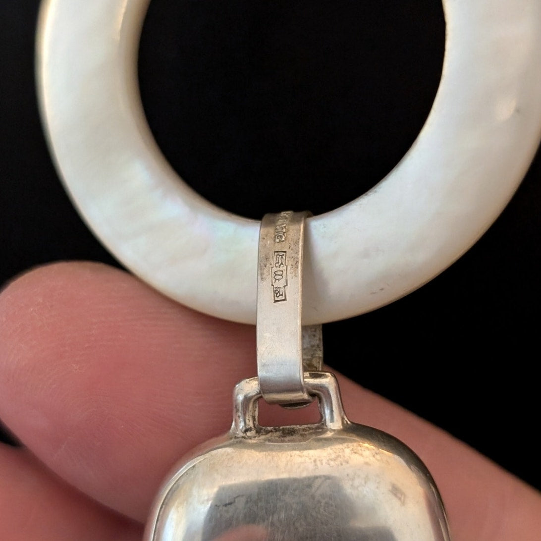 40s Sterling MOP Baby Teething Ring Mary Little Lamb Bell 26" Antique Rope Chain