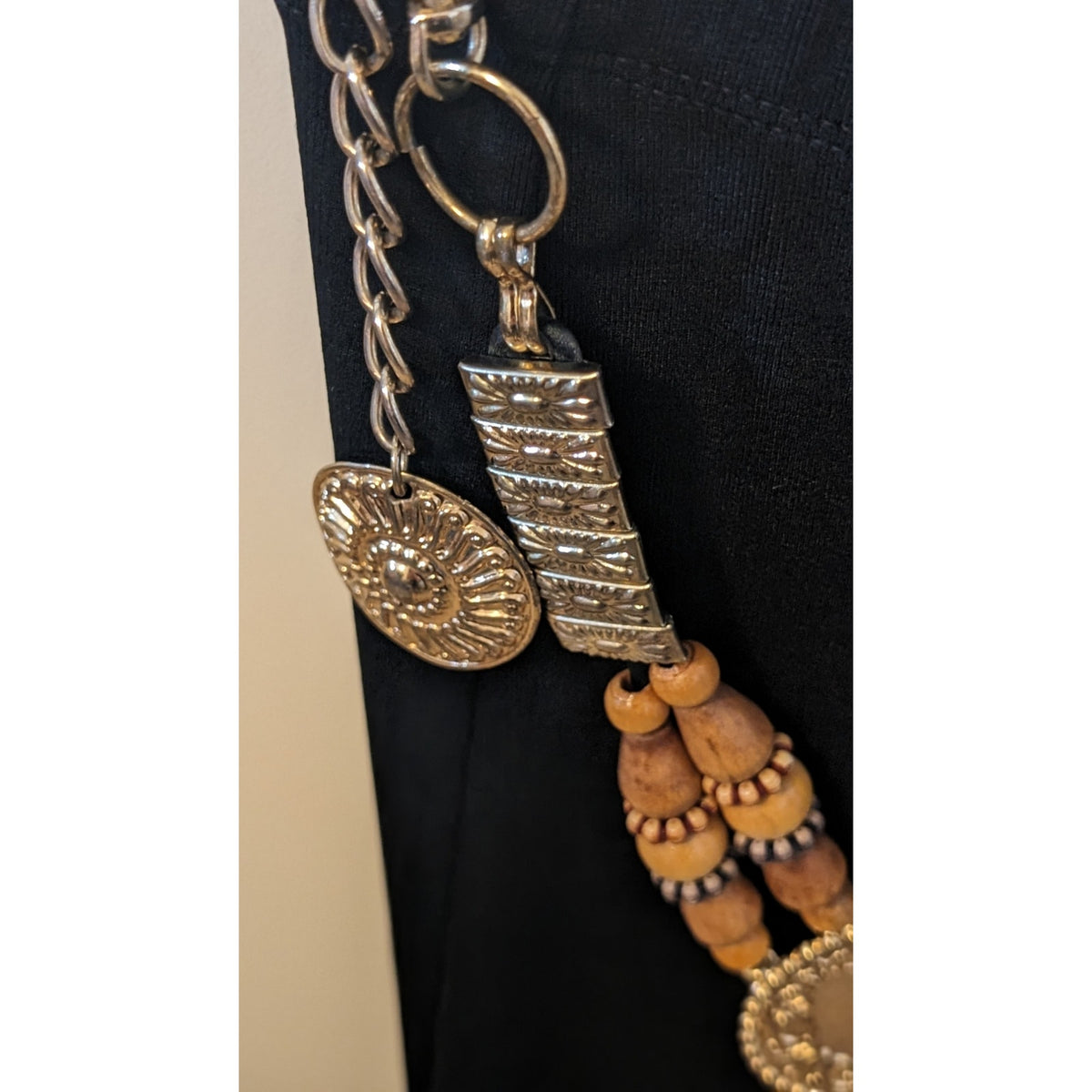 Vintage Wood Bead Metal Disk Chain Belt 27-42"