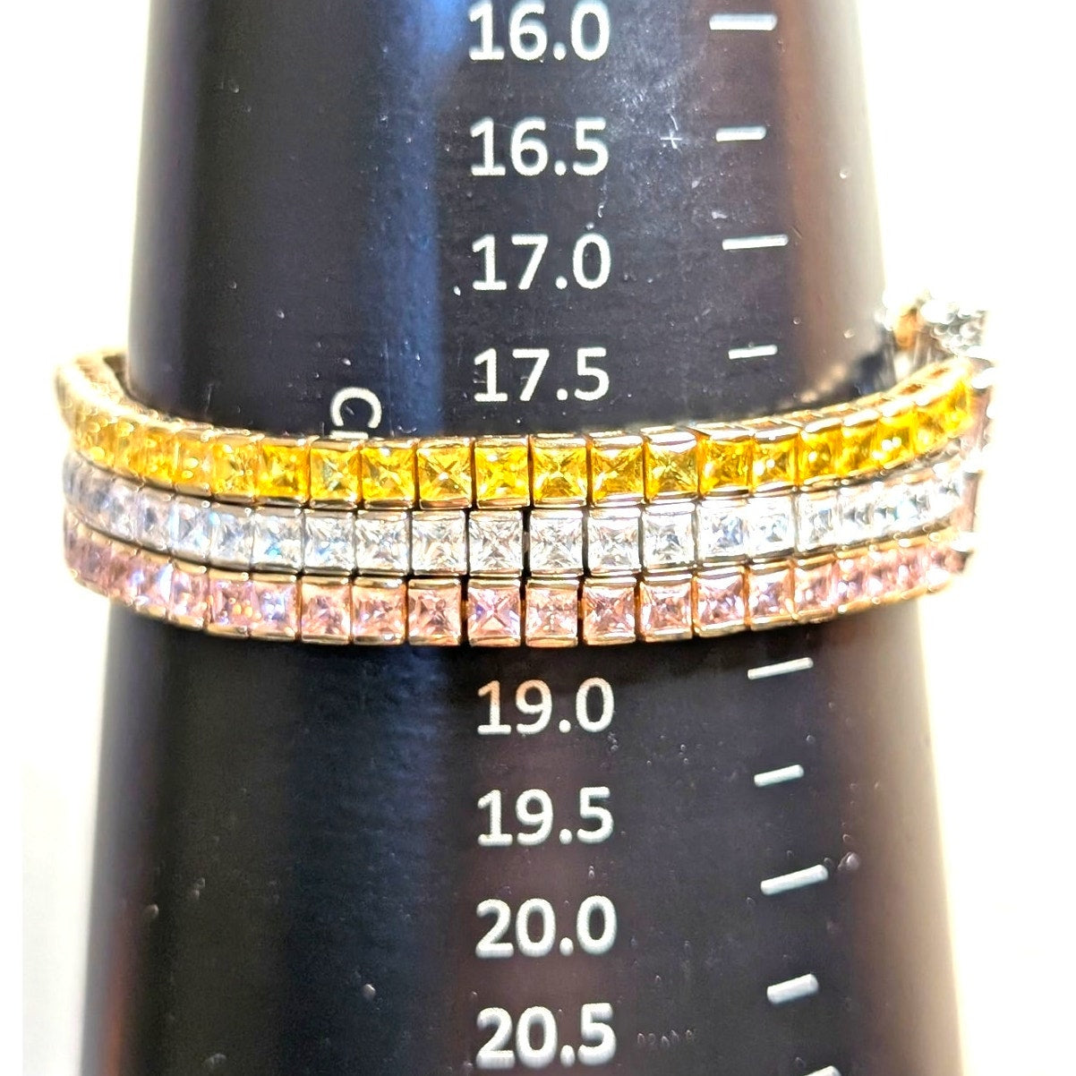 PJM 925 Sterling Pink Yellow Clear Princess Cut Three Strand Tennis Bracelet
