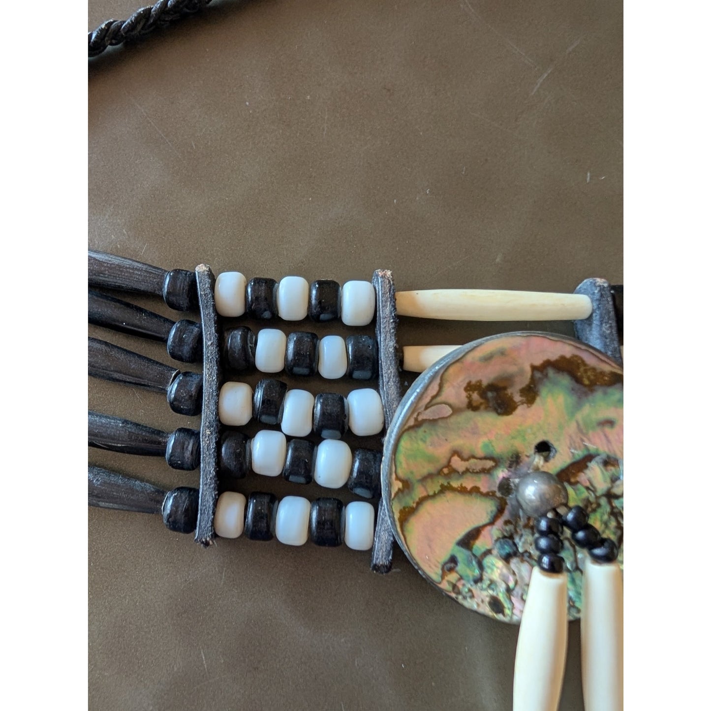 Native American Abalone Disc 5 Strand Bone Hairpipe & Glass Bead Leather Choker