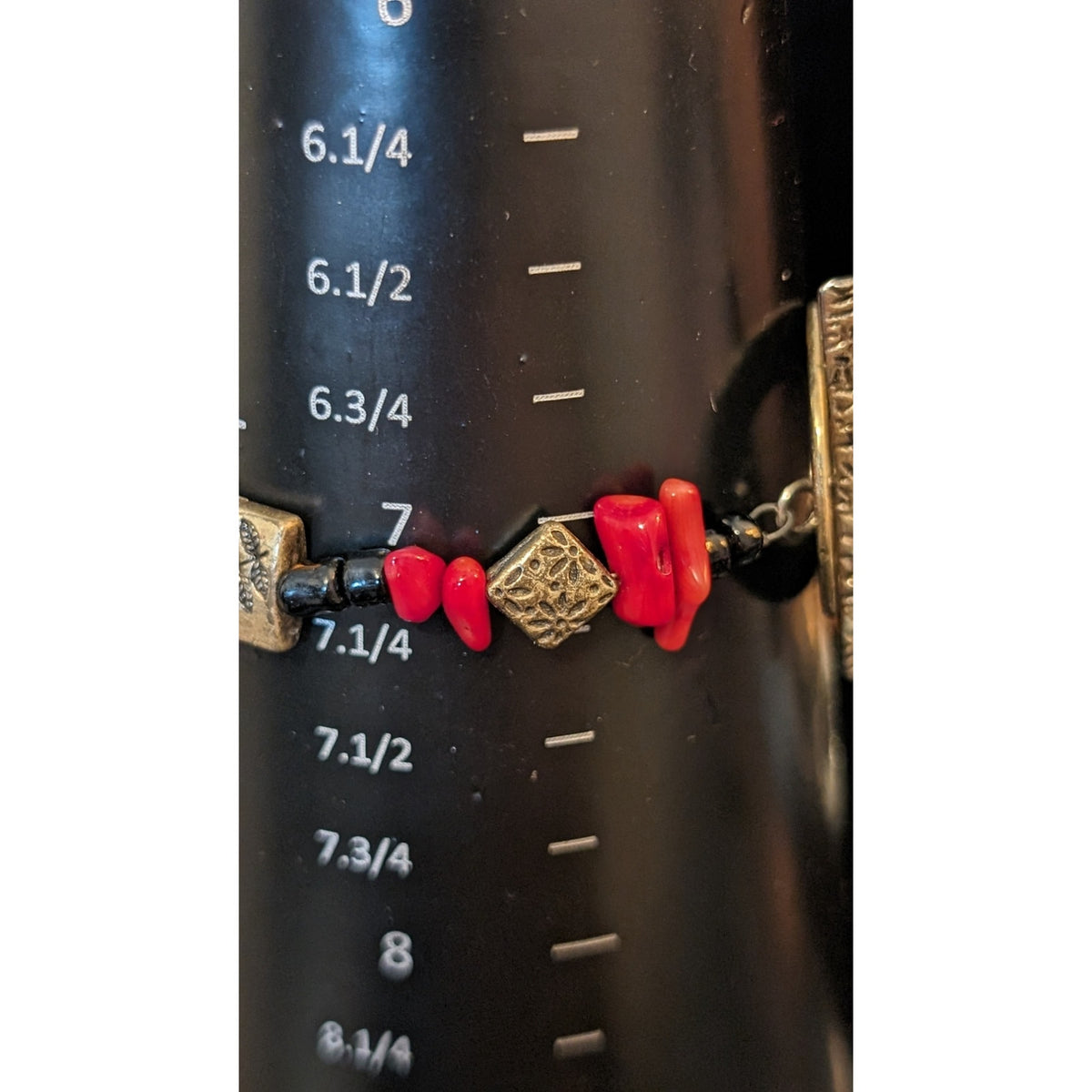 Lot of Two Bronze Tone Red Black Stone Toggle Clasp Bracelets