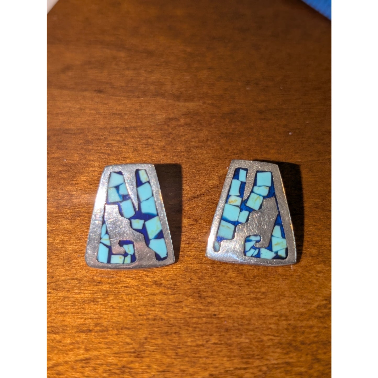Vintage Taxco Mexico 925 Sterling Silver Turquoise Inlay Post Earrings 9.70g