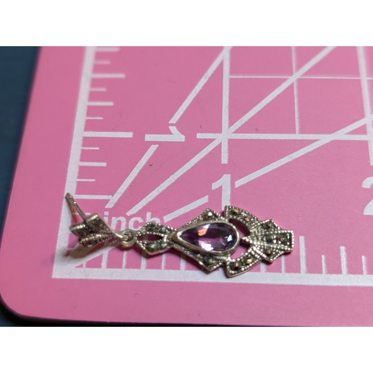 Vtg 80s Art Deco Sterling Silver Teardrop Amethyst Marcasite Post Drop Earrings