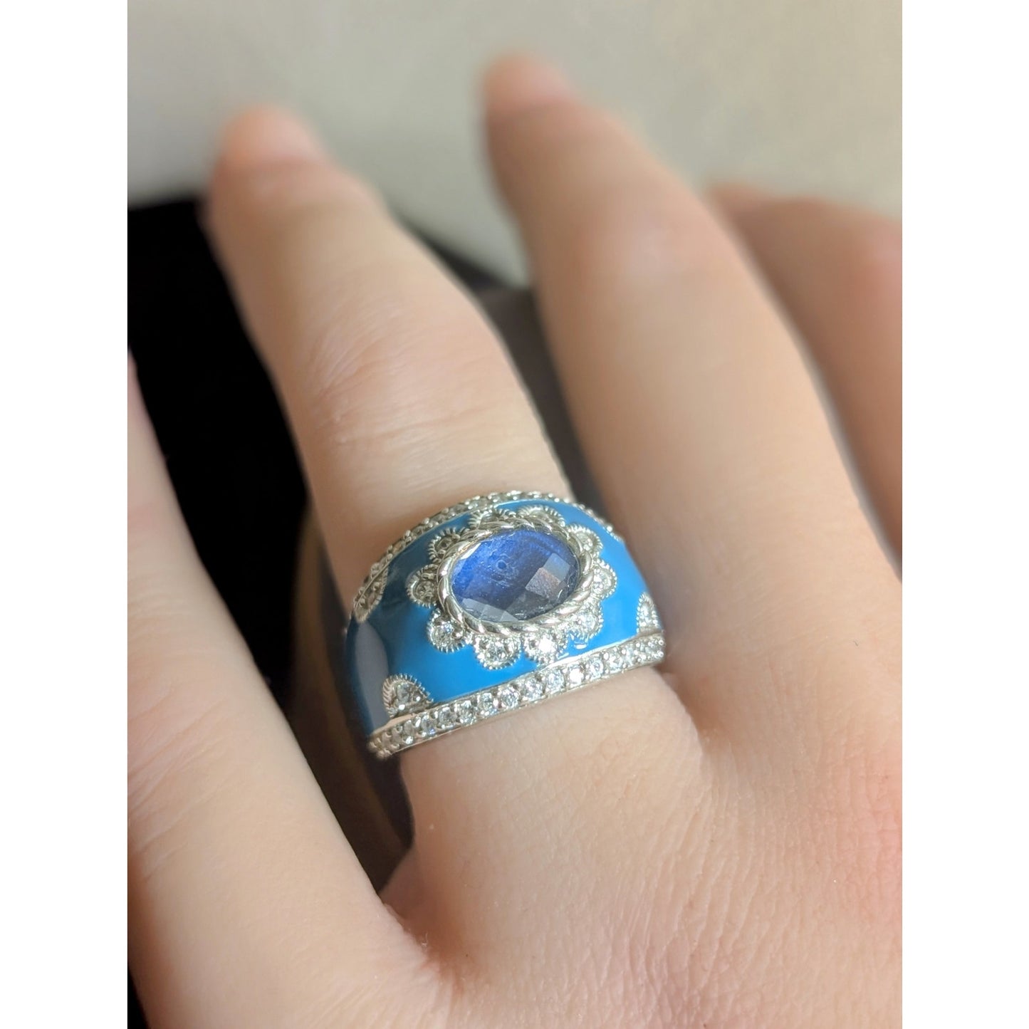 Judith Ripka Aqua Enamel Blue Spinel CZ 925 Sterling Cigar Band Ring Sz 5.75