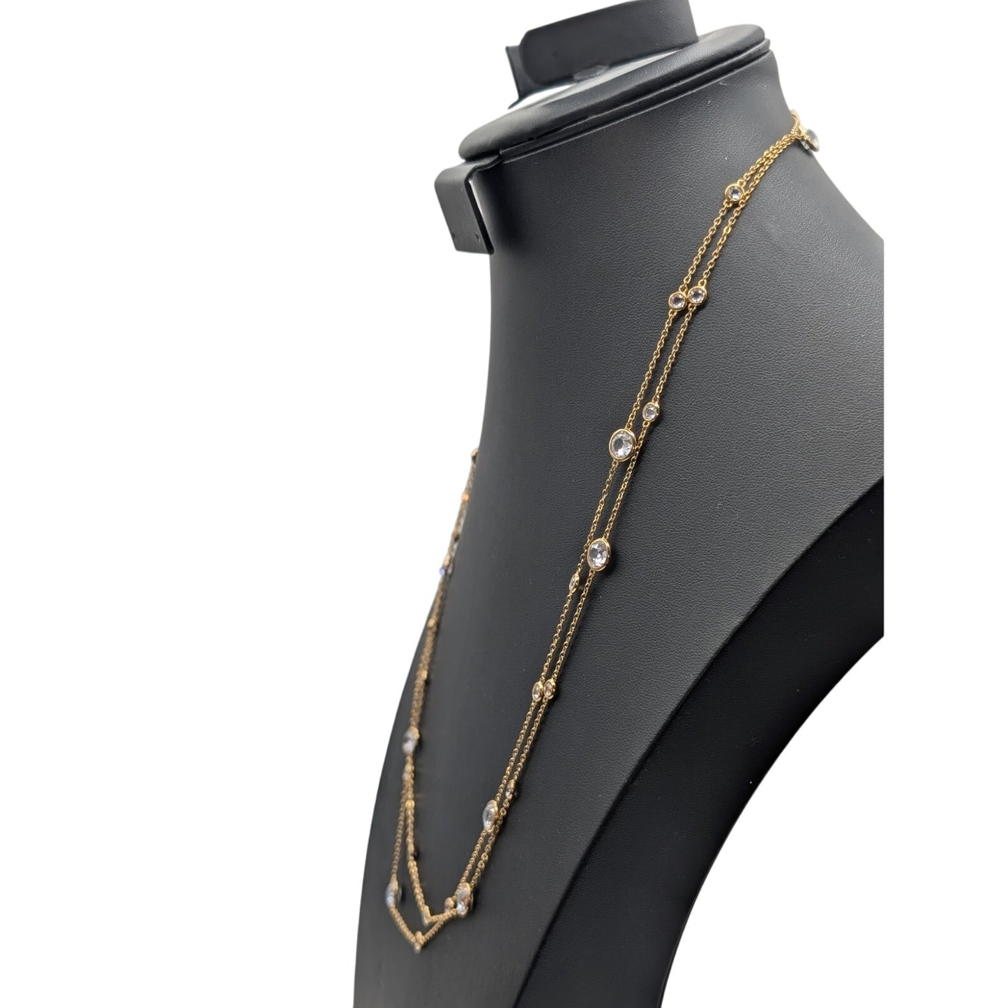 52" Long Gold Tone Bezel Set Small & Larger Glass Crystal Station Chain Necklace