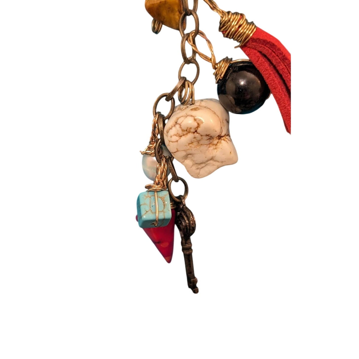 Artisan Cord with Heart, Stone, Tassel, Key and Other Charms Cluster Necklace