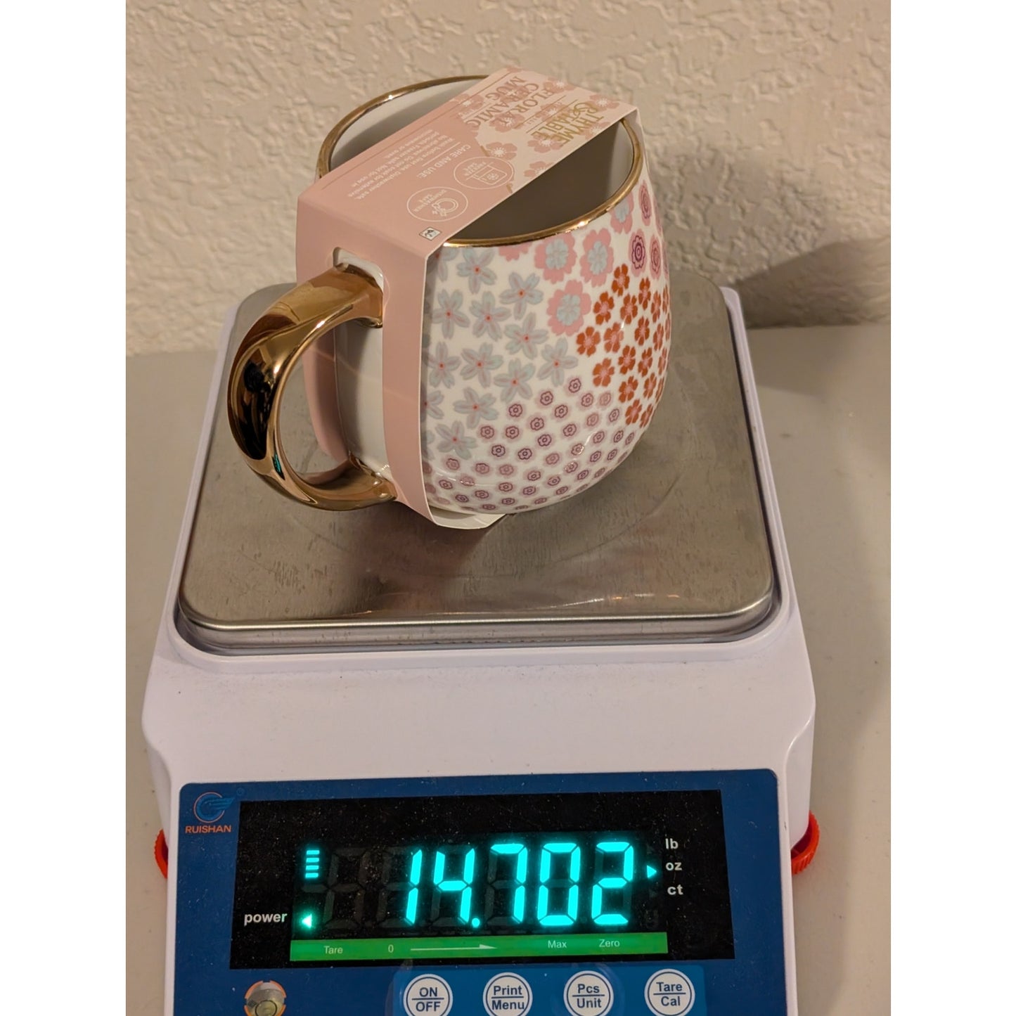 NWT Thyme & Table Pink Floral Ceramic 18 oz. Gold Trim Coffee Tea Mug