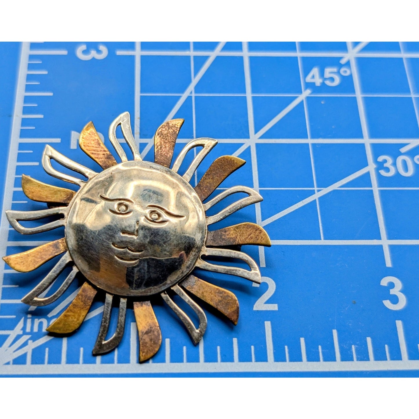 Vintage Mexico 925 Sterling Silver Two Tone Sun Face Brooch