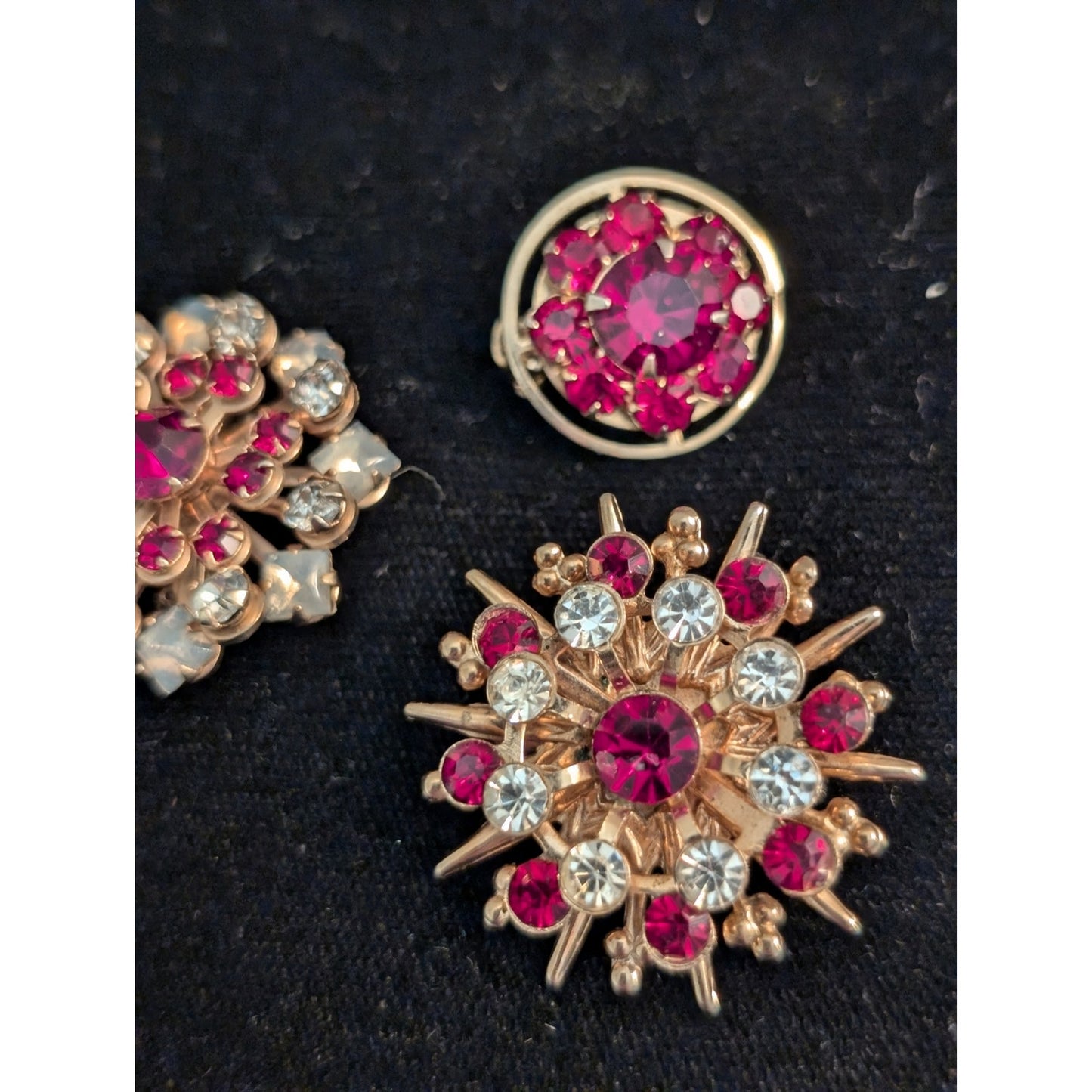 Set of Three Gold Tone Red Clear Rhinestone Unmarked Vintage Brooches