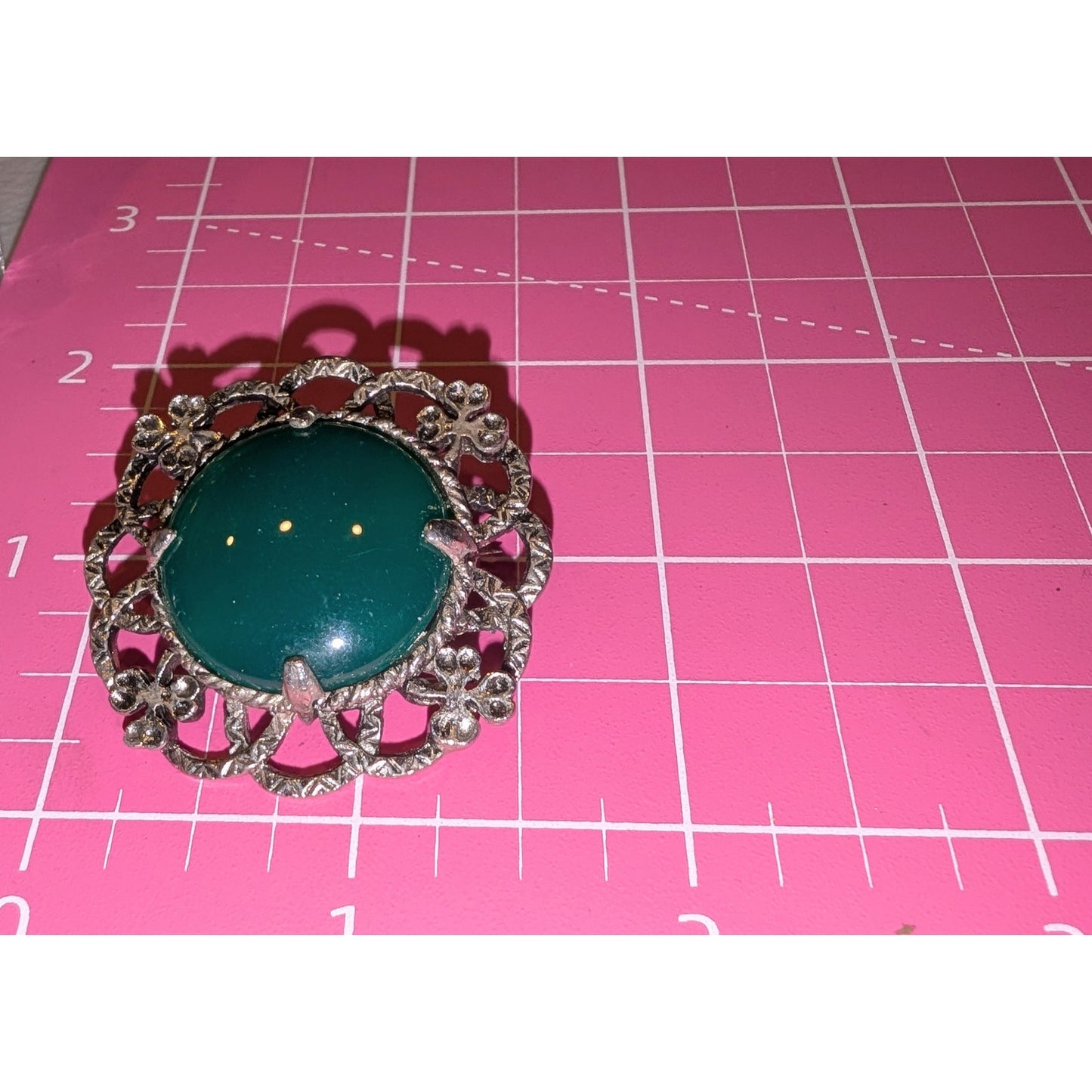 Vintage Green Glass Shamrock Silver Tone Brooch
