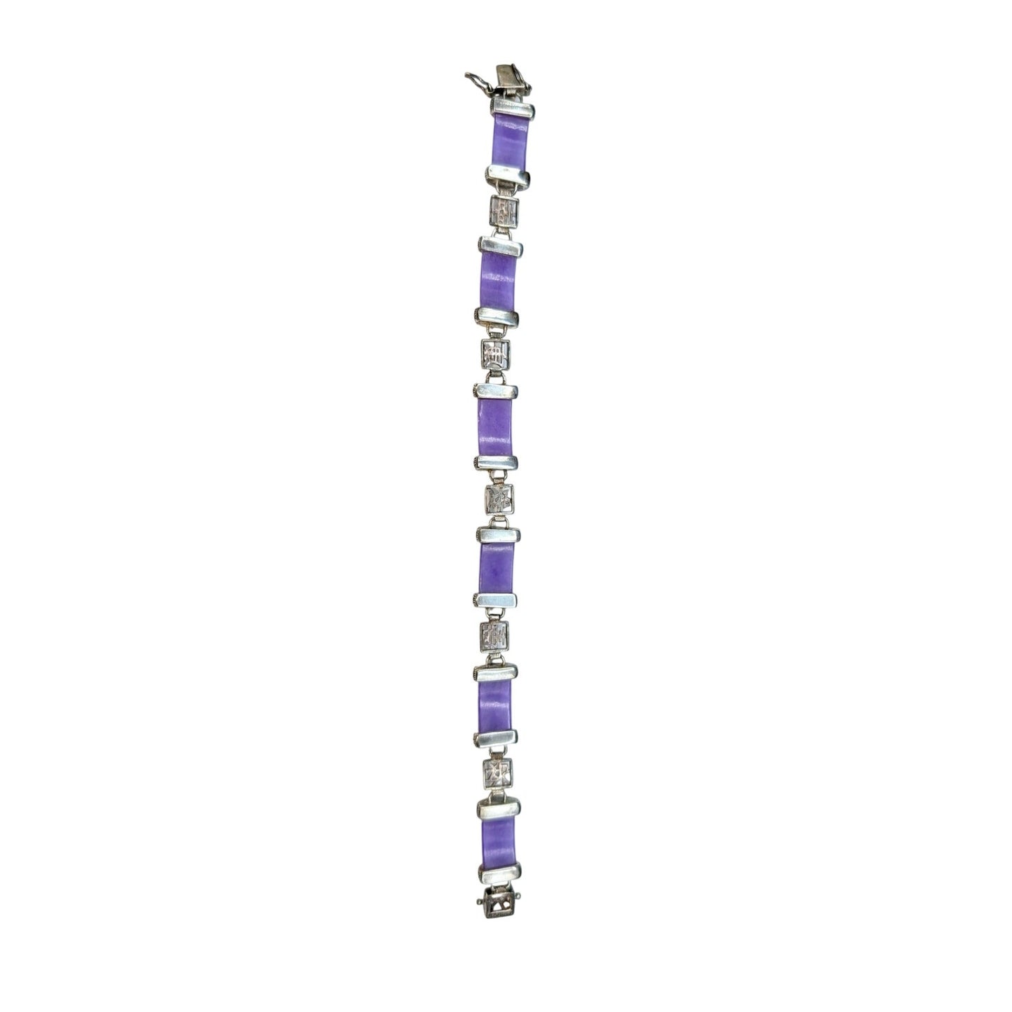 Vtg 70s Chinese Lavender Jadeite Marcasite Sterling Silver Panel Link Bracelet