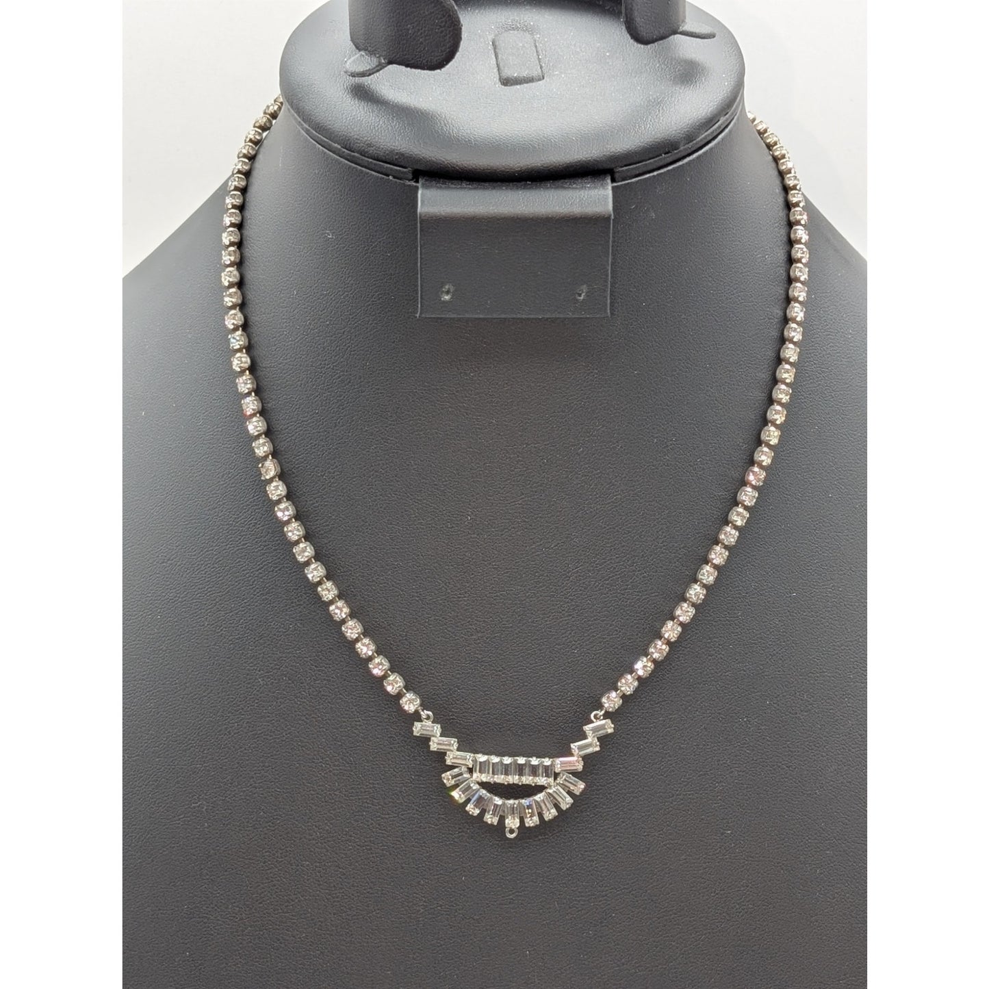 Vintage Marked WH Sterling Silver Crystal Fold Over Clasp 17.5" Necklace