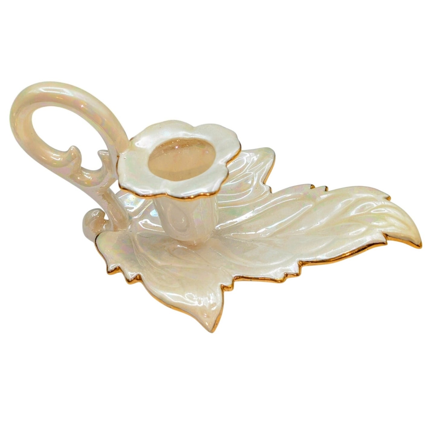 Vintage Signed 1953 Iridescent Cream Gold Trimmed Leaf Candle Holder
