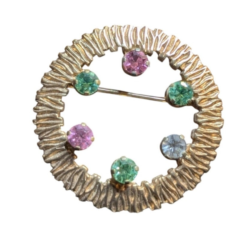 Vintage Signed ANSON Karatclad Rhinestone Goldtone Wreath Brooch