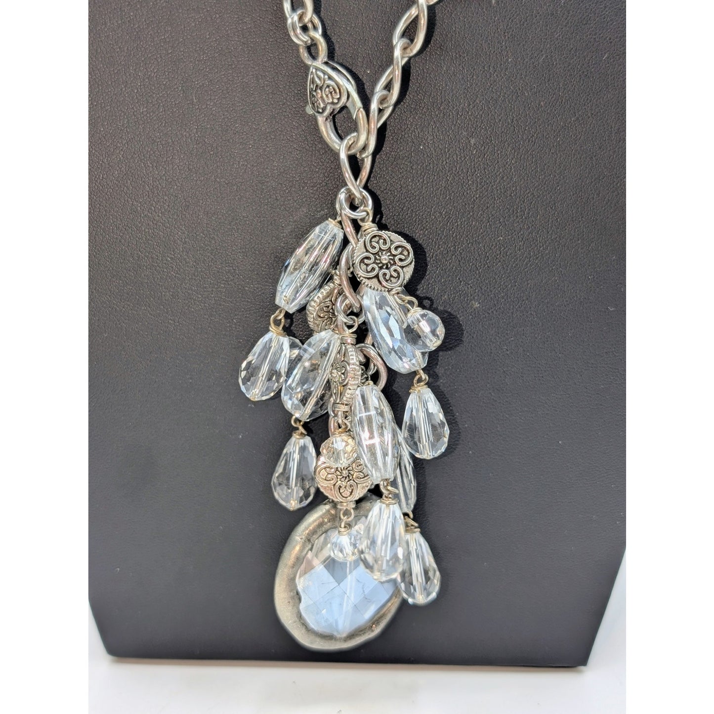Chunky Silver Tone Faceted Crystal and Glass Cluster Tassel 27" Chain Necklace
