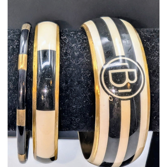 Set of Vintage Monogram 'B' Striped Black Cream Enamel Brass Bangle Bracelets