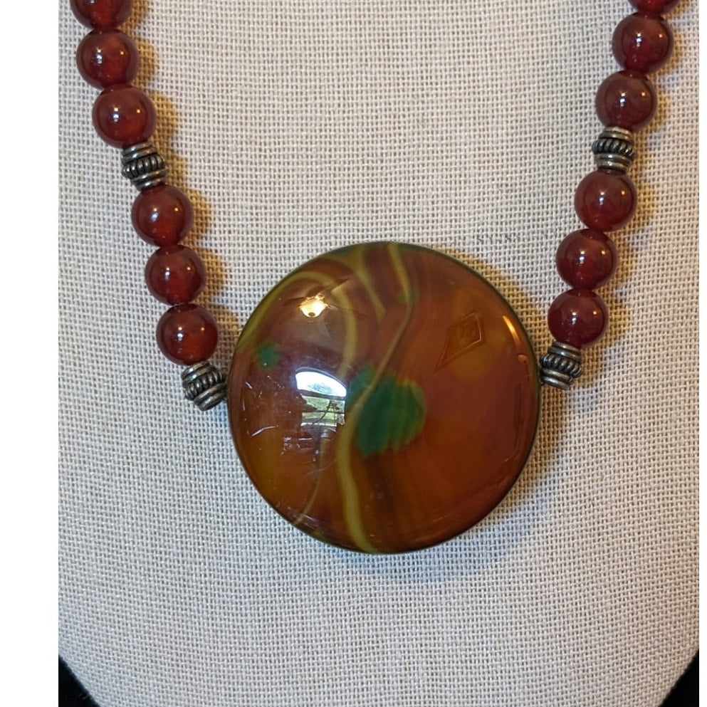 925 Sterling Carnelian Bead Large Jasper Cabochon Necklace W/ Fancy Hook Clasp