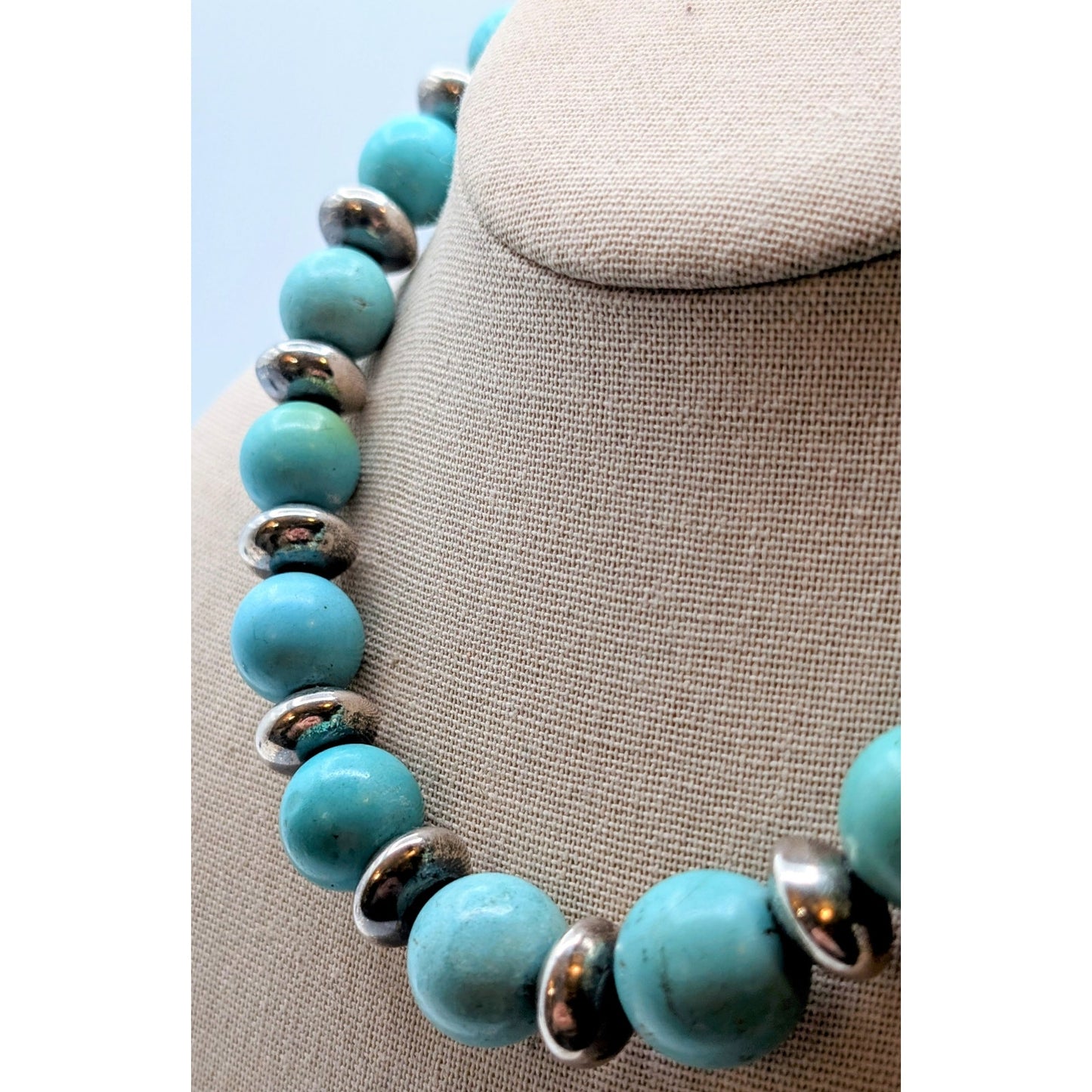 VTG 925 Sterling Silver Chunky Beaded Natural Stone Toggle Clasp Necklace 91.84g